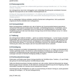 May include: A legal document page featuring sections labeled &sect; 5 Nutzungsrechte, &sect; 6 Vertraulichkeit, &sect; 7 Haftung, &sect; 8 K&uuml;ndigung, and &sect; 9 Schlussbestimmungen. The text is printed in black ink on a white background, outlining contractual terms and conditions.