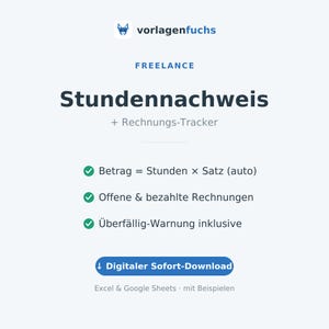 Timesheet Excel Template (German) + Invoice Tracker | Freelancers & Self-Employed | Track Hours and Keep Track of Invoices | Download