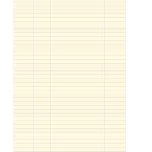 May include: A rectangular sheet of cream-colored paper featuring a grid of thin, horizontal lines spanning the entire width. The paper is divided into four vertical columns by three distinct vertical lines, creating a structured layout for writing.