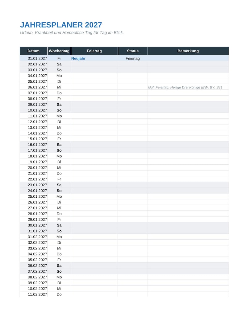 May include: A 2027 annual planner document titled JAHRESPLANER 2027. The table includes columns for date, day of the week, holiday, status, and notes. It lists dates from January 1st to February 11th, 2027, with specific holiday entries for New Year's Day.