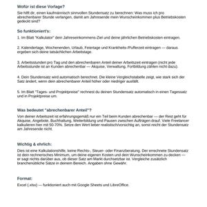 May include: A digital document titled Stundensatz-Kalkulator by vorlagenfuchs, providing instructions for a spreadsheet tool. The text outlines steps to calculate hourly rates, including annual income goals, operating costs, and billable hours.