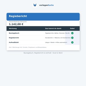 Pode incluir: Um modelo de documento digital intitulado Regiebericht com um cabe&ccedil;alho azul, um valor total de 1.142,00 &euro; e uma tabela listando as ferramentas Bautagebuch, Regiebericht e Aufma&szlig;blatt com marcas de verifica&ccedil;&atilde;o. O logotipo vorlagenfuchs est&aacute; no topo.