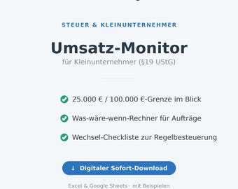 Small Business Revenue Monitor Excel | €25,000/€100,000 Threshold (§19 German VAT Act) & Switching Checklist | Instant Download