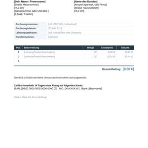 May include: A white invoice template with black text featuring sections for sender and recipient details, invoice number, date, service period, and customer number. A table lists items, quantity, unit price, and total, ending with a total amount.
