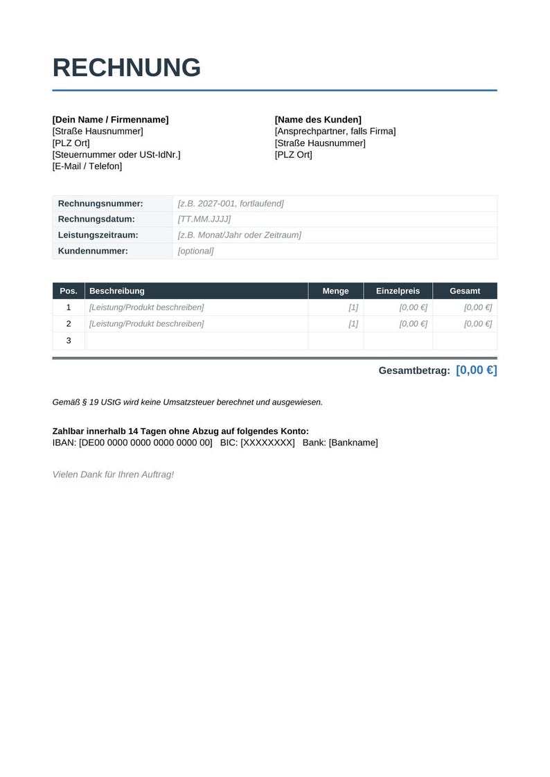 May include: A white invoice template with black text featuring sections for sender and recipient details, invoice number, date, service period, and customer number. A table lists items, quantity, unit price, and total, ending with a total amount.