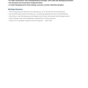 May include: A digital document titled Kassenbuch + Beleg&uuml;bersicht containing instructions for cash book management and receipt tracking. It includes sections for operational steps, important notes regarding tax preparation, and a 2026 version date.