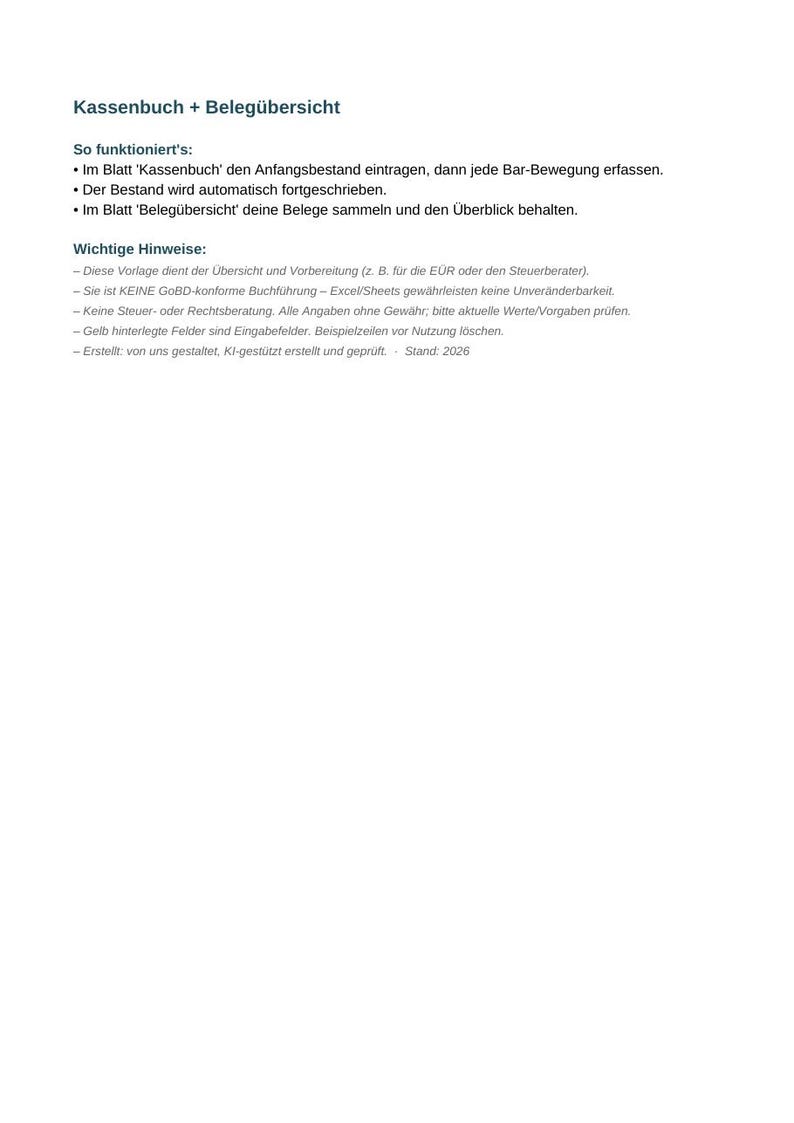 May include: A digital document titled Kassenbuch + Beleg&uuml;bersicht containing instructions for cash book management and receipt tracking. It includes sections for operational steps, important notes regarding tax preparation, and a 2026 version date.