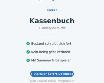 Modèle Excel de livre de caisse (allemand) + aperçu des reçus | Petites entreprises et indépendants | Enregistrez facilement vos transactions en espèces | Téléchargement instantané