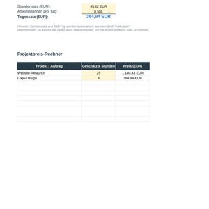 May include: A digital spreadsheet titled Tages- und Projektpreise featuring a daily rate calculator with an hourly rate of 45.62 EUR and a project price calculator listing a website relaunch for 1,140.43 EUR and logo design for 364.94 EUR.