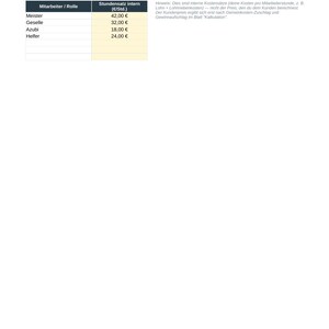 May include: A table titled Mitarbeiter-Stundens&auml;tze listing internal hourly rates for roles including Meister at 42.00 &euro;, Geselle at 32.00 &euro;, Azubi at 18.00 &euro;, and Helfer at 24.00 &euro;. The document includes a note regarding internal cost calculations.