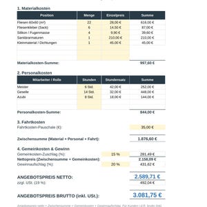 May include: A price calculation document titled PREISKALKULATION detailing material costs, labor costs, travel expenses, overhead, and profit. The table lists items like tiles, adhesive, silicone, and fittings, culminating in a net and gross offer price.
