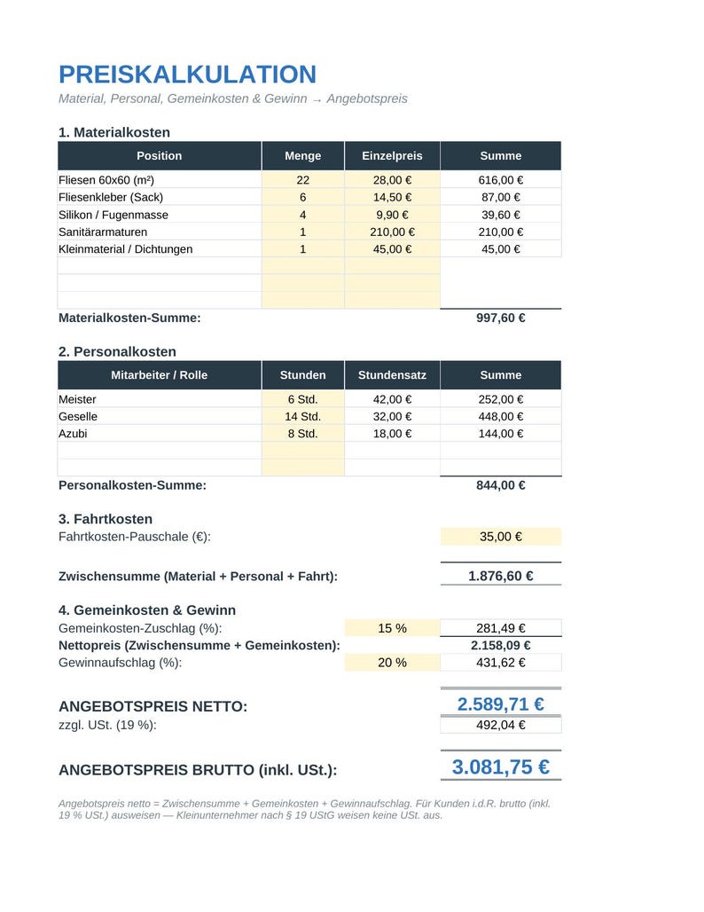 May include: A price calculation document titled PREISKALKULATION detailing material costs, labor costs, travel expenses, overhead, and profit. The table lists items like tiles, adhesive, silicone, and fittings, culminating in a net and gross offer price.