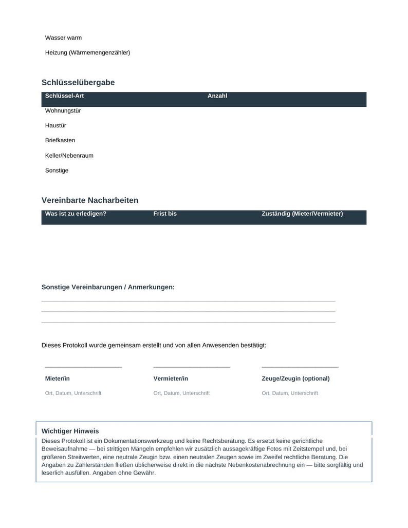 K&ouml;nnte beinhalten: Ein wei&szlig;es Dokument mit der &Uuml;berschrift Schl&uuml;ssel&uuml;bergabe und schwarzem Text. Es enth&auml;lt Abschnitte f&uuml;r die Schl&uuml;ssel&uuml;bergabe, vereinbarte Nacharbeiten, Anmerkungen, Unterschriftenfelder f&uuml;r Mieter, Vermieter und Zeugen sowie einen Kasten mit Hinweisen.
