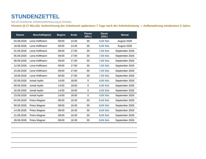 May include: A white timesheet document titled STUNDENZETTEL with a dark header row containing columns for date, employee name, start time, end time, break duration, total hours, and month. The table lists recorded work hours for three individuals.
