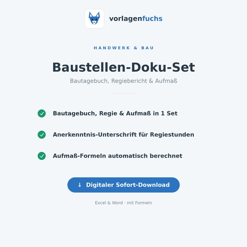 Pode incluir: Um conjunto de documenta&ccedil;&atilde;o de constru&ccedil;&atilde;o digital da vorlagenfuchs com modelos para di&aacute;rios de obra, relat&oacute;rios e medi&ccedil;&otilde;es. O documento inclui f&oacute;rmulas de c&aacute;lculo autom&aacute;tico para Excel e Word, dispon&iacute;vel para download digital imediato.