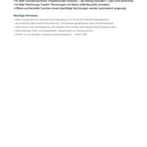 Stundennachweis Excel Vorlage deutsch + Rechnungs-Tracker | Freelancer & Selbstständige | Stunden erfassen Rechnung im Blick | Download Bild 3