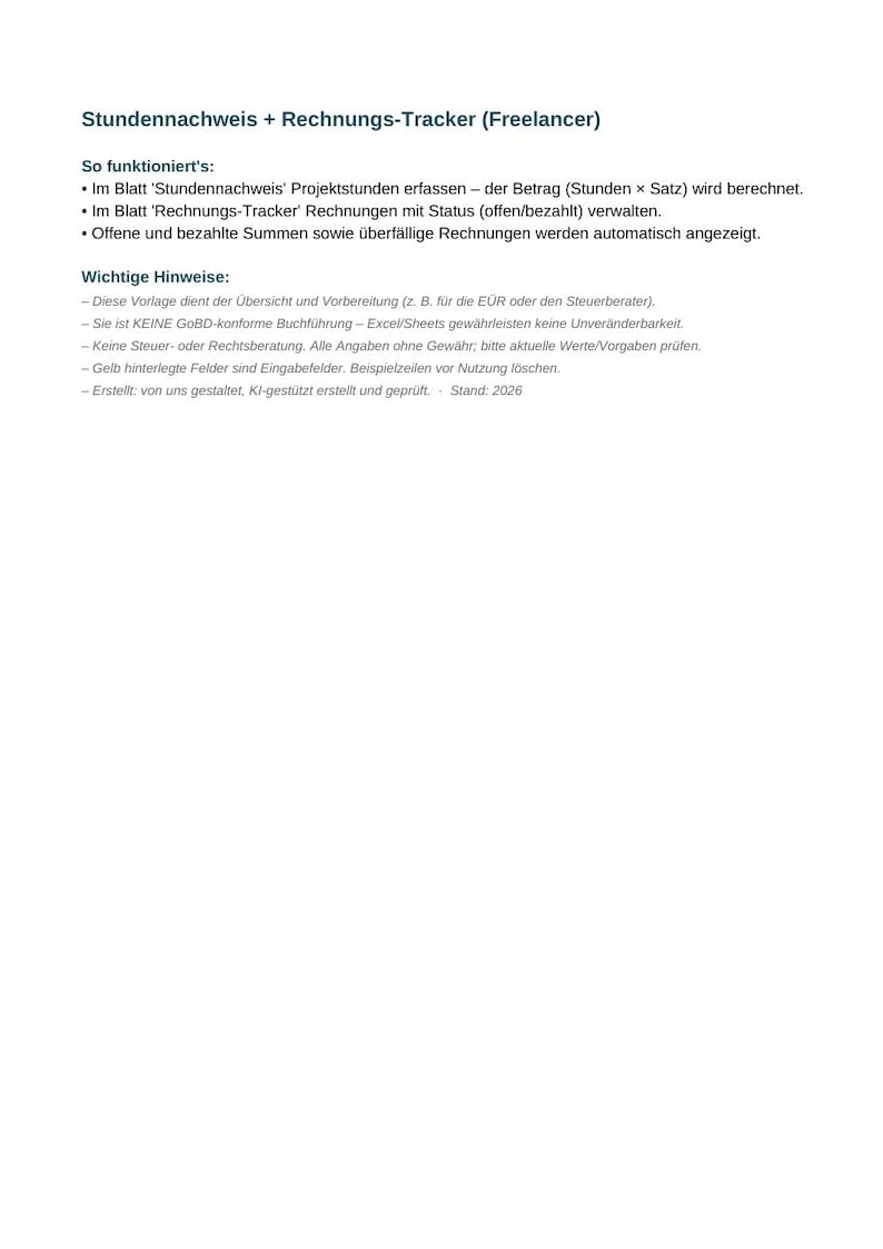 Stundennachweis Excel Vorlage deutsch + Rechnungs-Tracker | Freelancer & Selbstständige | Stunden erfassen Rechnung im Blick | Download Bild 3