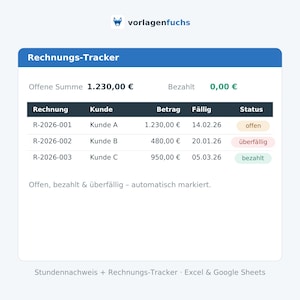 K&ouml;nnte beinhalten: Eine digitale Rechnungs-Tracker-Vorlage mit blauem Kopfbereich. Die Tabelle enth&auml;lt Spalten f&uuml;r Rechnungsnummer, Kunde, Betrag, F&auml;lligkeit und Status, mit den Eintr&auml;gen R-2026-001, R-2026-002 und R-2026-003 sowie farbigen Statusmarkierungen.