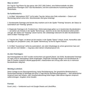 May include: A digital document titled Urlaubs- und Abwesenheitsplaner 2027 by vorlagenfuchs. This instructional guide outlines a 2027 annual planner for tracking vacation and leave, featuring sections on functionality, holiday data, and software compatibility.