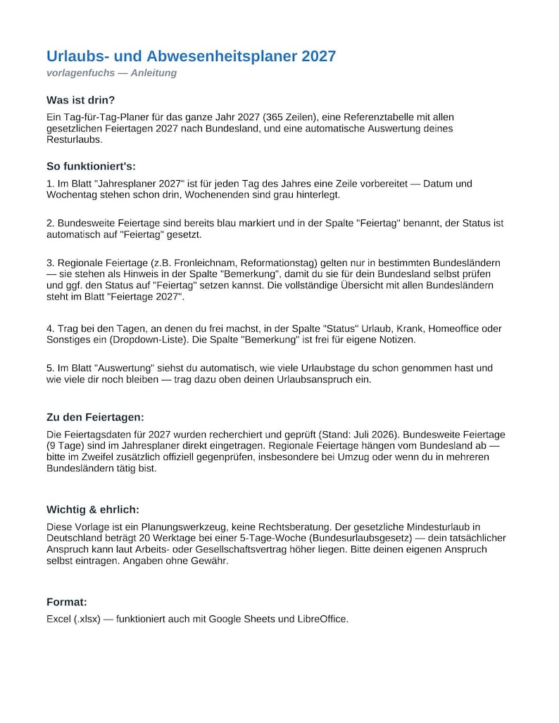 May include: A digital document titled Urlaubs- und Abwesenheitsplaner 2027 by vorlagenfuchs. This instructional guide outlines a 2027 annual planner for tracking vacation and leave, featuring sections on functionality, holiday data, and software compatibility.