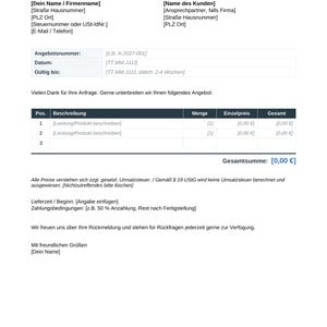 May include: A business quotation template document titled ANGEBOT with fields for sender and recipient contact information, a table for itemized descriptions, quantities, unit prices, and totals, plus sections for tax notes and payment terms.