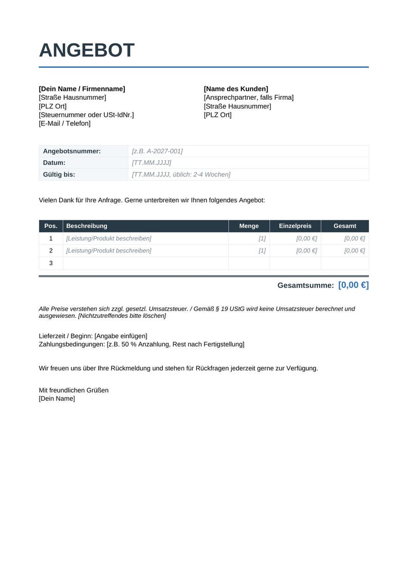 May include: A business quotation template document titled ANGEBOT with fields for sender and recipient contact information, a table for itemized descriptions, quantities, unit prices, and totals, plus sections for tax notes and payment terms.