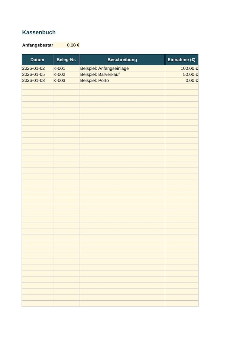 May include: A digital cash book template featuring a table with columns for date, receipt number, description, and income in euros. The header reads Kassenbuch with an initial balance of 0.00 euros, followed by three example entries dated 2026.