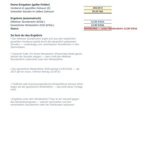 May include: A document titled MINDESTLOHN-CHECK with blue text and a table showing earnings of 450,00 &euro;, 35,00 hours worked, an effective hourly wage of 12,86 &euro;/Std., a legal minimum wage of 13,90 &euro;/Std., and a red warning status message.