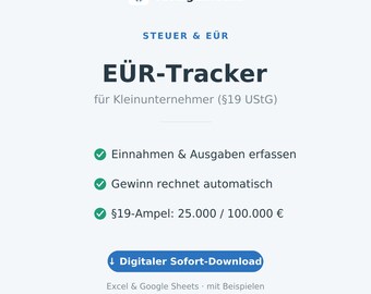 EUR-mall för småföretag (Excel) | Inkomster och utgifter §19 UStG | Redovisning för egenföretagare | Digital mall (tyska)