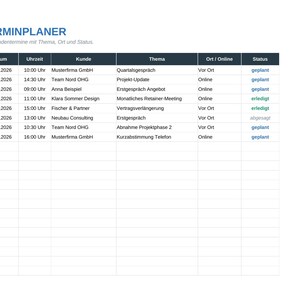 以下が含まれることがあります： TERMINPLANERというタイトルのデジタルスケジュール表。日付、時間、顧客、トピック、場所、ステータスの列があります。表には、Musterfirma GmbHやTeam Nord OHGなどの詳細を含む様々なビジネスの予定とステータスラベルが記載されています。