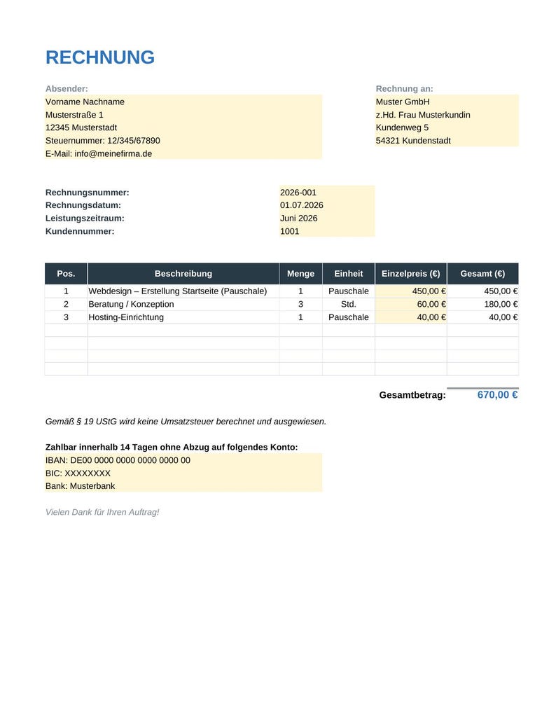 Invoice template Excel for small businesses + overview | Compliant with § 14 UStG | Self-employed | Instant download image 3