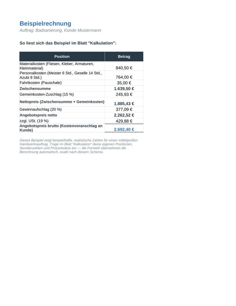 May include: A document titled Beispielrechnung showing a cost calculation for a bathroom renovation. It includes a table with columns for Position and Betrag, listing material, labor, travel, overhead, profit, and tax costs in Euros, totaling 2,692.40 &euro;.