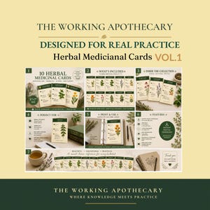 Könnte beinhalten: Ein Set aus 10 Heilpflanzenkarten im Format 12,7 cm x 17,8 cm mit dem Titel The Working Apothecary. Die Karten enthalten botanische Illustrationen und Texte, die traditionelle Anwendungen, Energetik und Wirkungen verschiedener Kräuter beschreiben.
