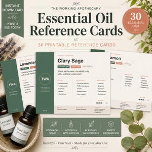 May include: A set of 30 printable essential oil reference cards featuring the text The Working Apothecary and Essential Oil Reference Cards. The cards display detailed information for oils like Clary Sage and Lavender, including actions, applications, and blending suggestions, alongside two amber glass bottles.