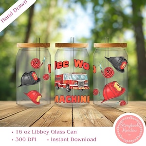May include: Three clear glass cans with bamboo lids featuring a hand-drawn firefighter theme. The design includes a red fire engine, black and red fire helmets, and coiled fire hoses. The text reads Wee Woo Machine in orange and red letters.