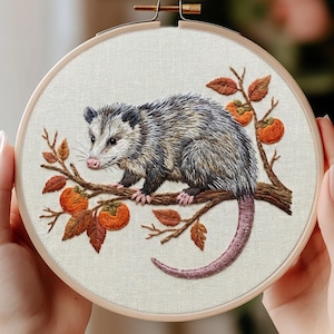 Opossum Embroidery Pattern PDF, Opossum Hand Embroidery Pattern, Persimmon Hoop Art, Autumn Woodland Decor,  Digital Download