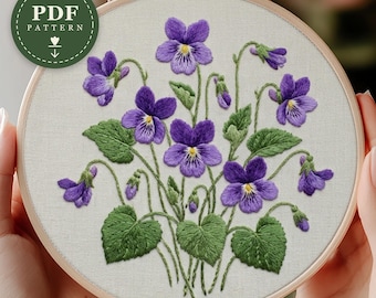 Violet Embroidery Pattern PDF, February Birth Flower Hoop Art (Digital Download)