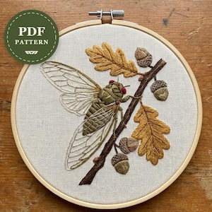 Cicada Embroidery Pattern PDF, Oak Branch Embroidery Pattern, Botanical Hand Embroidery, Woodland Nature Hoop Art, Cottagecore Decor