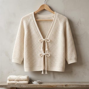 Può includere: Un cardigan color bianco sporco aperto sul davanti, caratterizzato da una lavorazione a maglia testurizzata con motivo a rombi, maniche a tre quarti e due chiusure a fiocco decorative con nappe. Un metro a nastro bianco è visibile sotto.