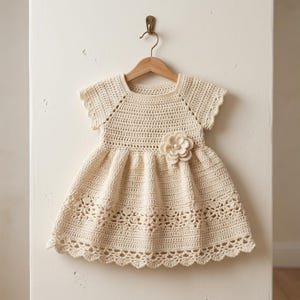 May include: A cream-colored crochet dress featuring short sleeves, a round neckline, and a flared skirt. The bodice is crafted with a dense stitch pattern, while the hem displays an intricate floral lace design. A single crochet flower with a central bead accent is attached to the right side of the waist.