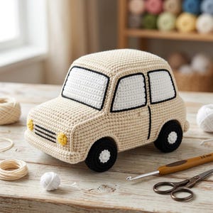 May include: A beige crocheted toy car featuring white windows outlined in black, yellow headlights, and black wheels with white centers. The car is positioned on a wooden surface next to a 3.0 mm crochet hook and a pair of metal scissors.