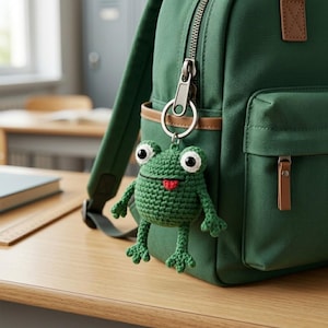 May include: A dark green canvas backpack with brown leather accents features a small, round, crocheted green frog keychain attached to the silver zipper pull. The frog has large white eyes with black pupils and a small red tongue sticking out.