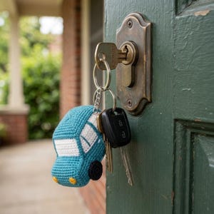 May include: A teal and white crocheted car keychain with yellow headlights and black wheels, attached to a metal keyring along with a black car key fob and a silver house key, all hanging from a metal key inserted into a green door lock.