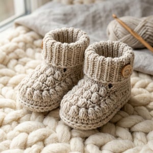 Peut inclure: Une paire de chaussons pour bébé en crochet beige avec un motif texturé en points noisette sur le pied et un revers côtelé. Chaque chausson est orné d'un petit bouton en bois sur le côté du revers, ajoutant un détail décoratif et fonctionnel.