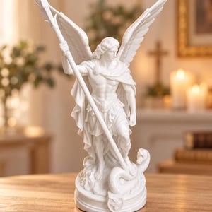 May include: A white statue of an archangel with large wings, wearing a flowing cloak and armour, holding a long spear pointed downwards. The figure stands on a circular base, pressing a foot onto a coiled serpent depicted on the rocky ground.