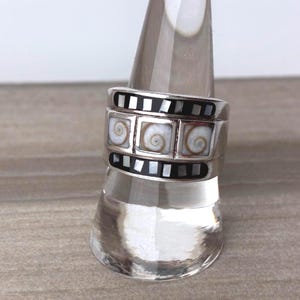 Sterling Silver Shiva Eye Shell Ring | Vintage Geometric Mosaic Band (Size 7.5)