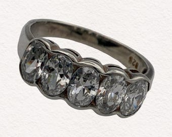 Vintage Sterling Silver 5 Stone CZ Ring Size 7 | Half Eternity Band | Oval Cubic Zirconia Anniversary Wedding Stack Ring