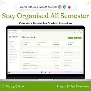 May include: A laptop screen displaying a digital student planner dashboard titled Olivia's Space. The interface features sections for study hours, assignments, grades, and a timetable. Text includes Stay Organised All Semester and Works with your favorite browser.