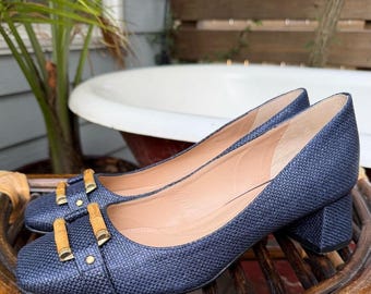 Talbots Sienna Bamboo Raffia Indigo Blue Block Heel Size 9 Pumps!