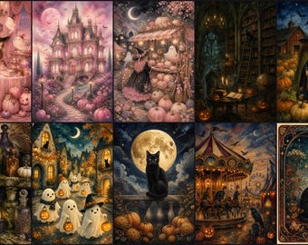 Pink Halloween Wall Art Set of 10, Whimsical Witch Ghost Black Cat Prints, Gothic Halloween Decor, Printable Digital Download